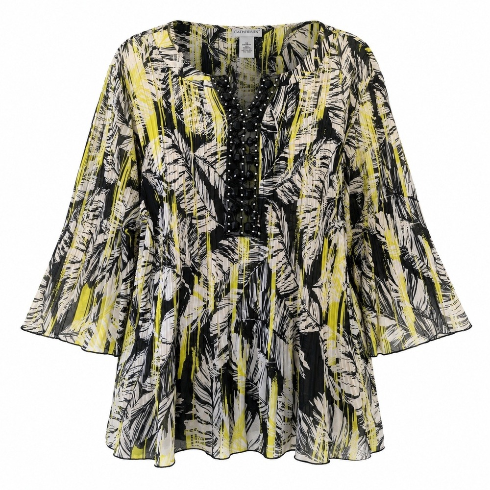 Catherines Womens 2X Black Yellow Leaf Print Beaded Pleated V Neck Tunic Top